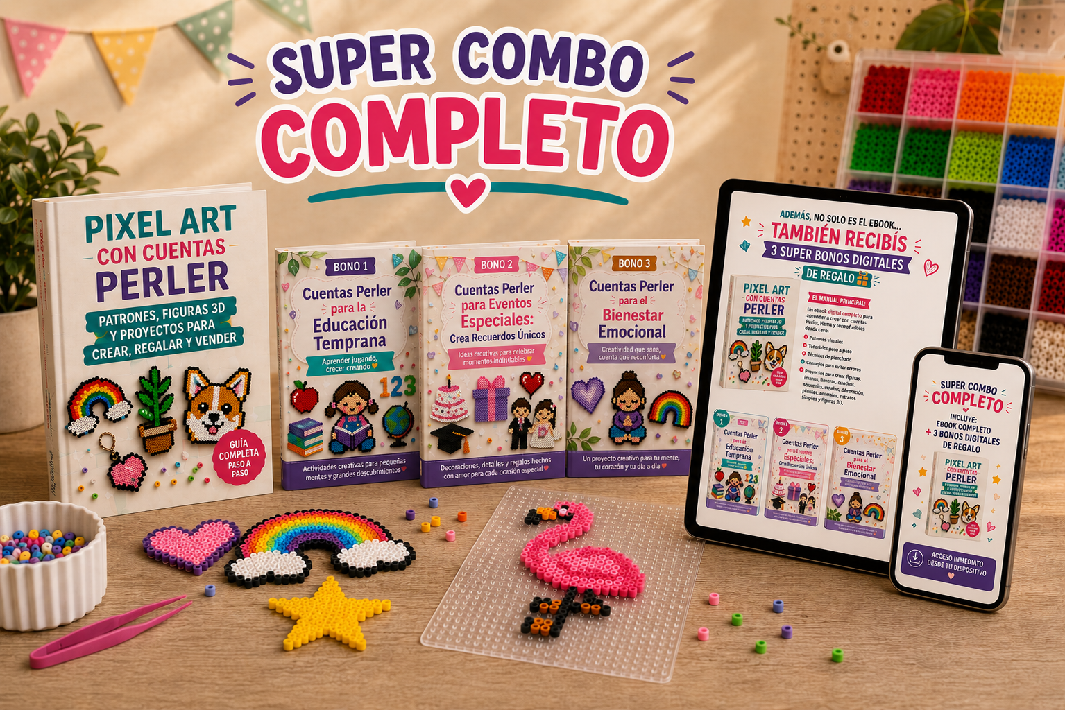 Pixel Art con Cuentas Perler: Patrones, Figuras 3D, Proyectos para Crear, Regalar y Vender